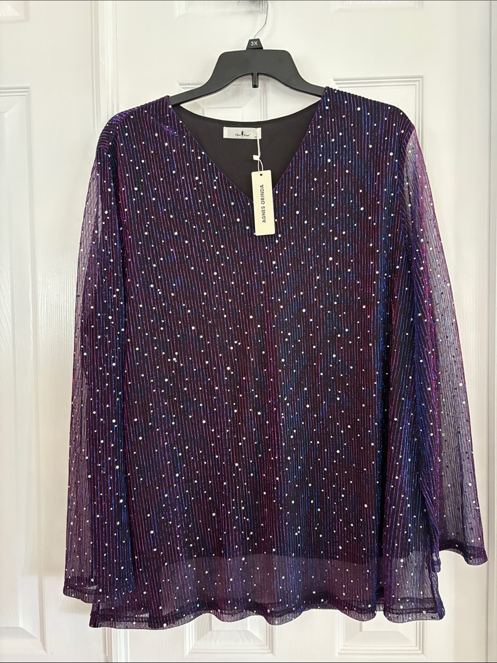 Agnes Orinda Rhinestone Sheer Long Sleeve Blouse Blue Purple Women's 3X NWT